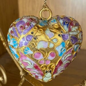 Cloisonné Gold with Butterflies and flowers Heart Shaped Ornament 2.5"